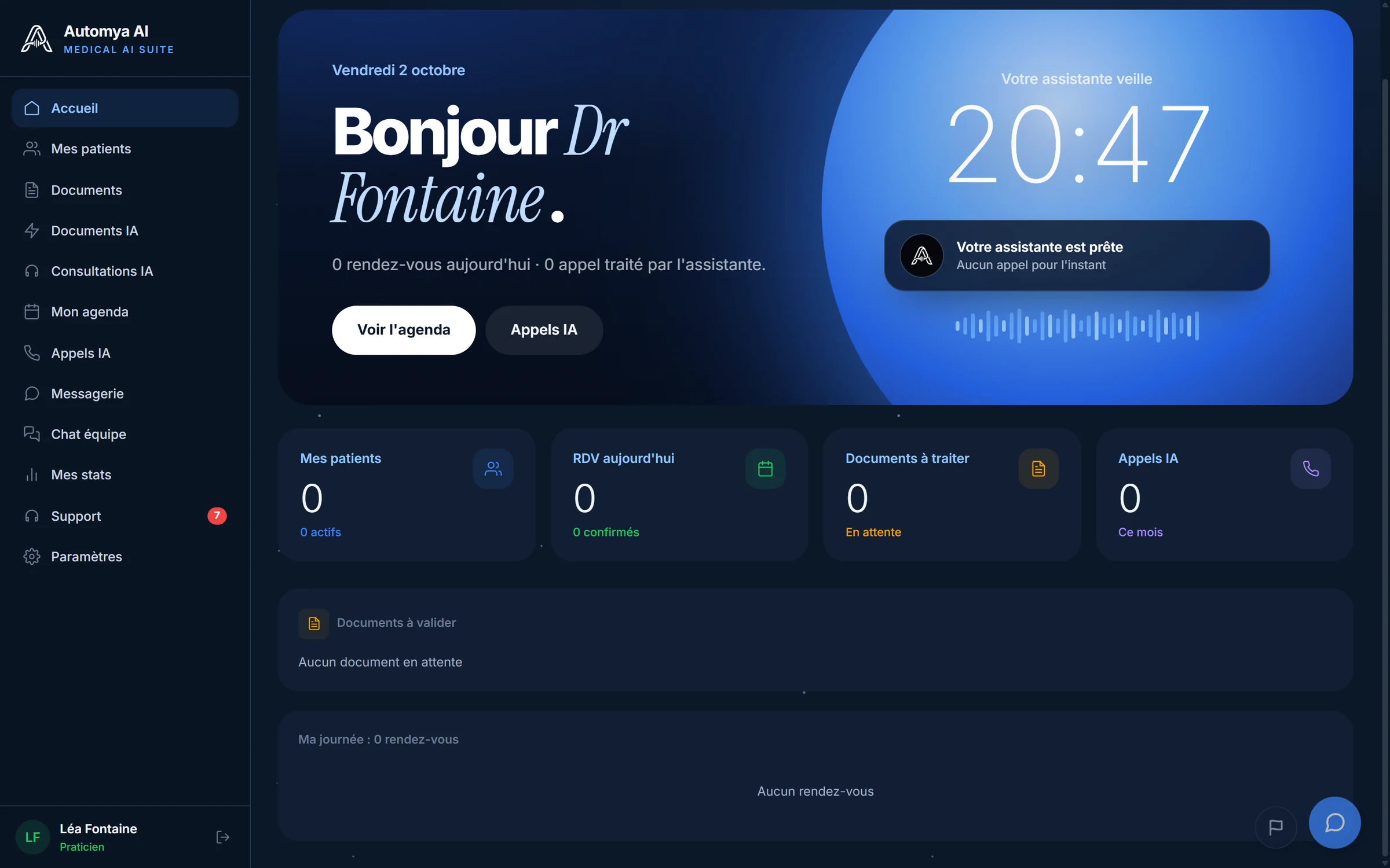 Accueil du tableau de bord Automya AI
